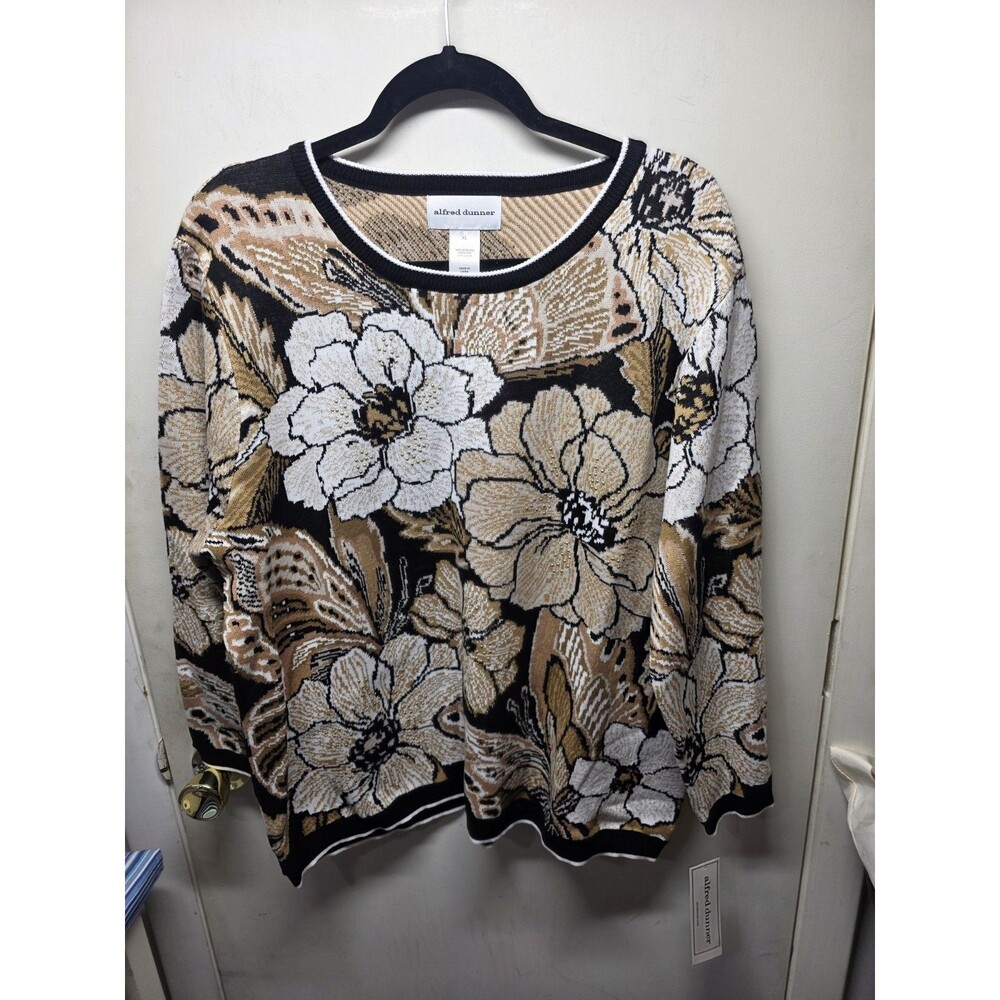 NWT Alfred Dunner Woman's Size XL Sweater Brown Floral with Gold Studs Black